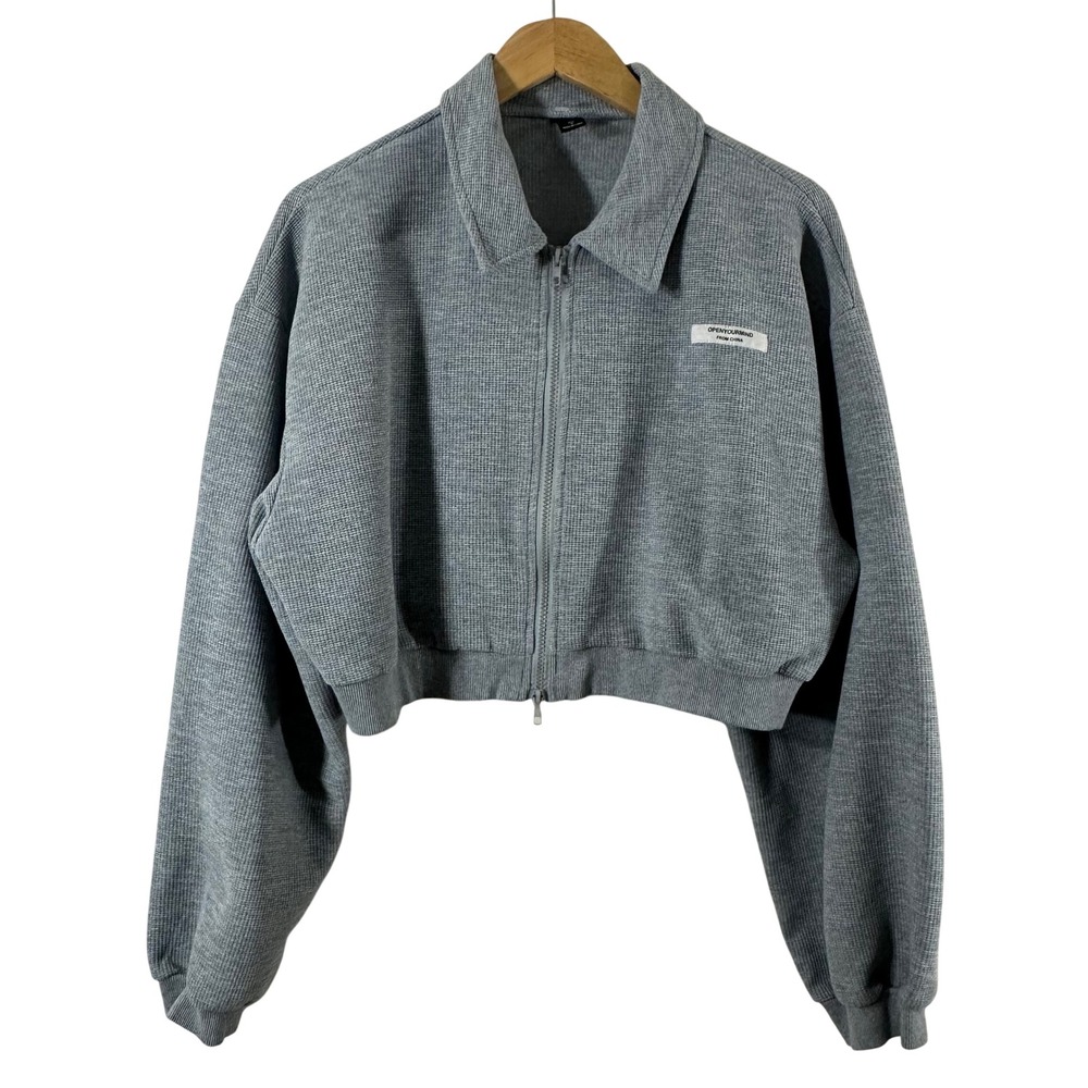 Dazy Womens Grey Waffle Knit Cropped Zip‎ Up Jacket Boxy Streetwear Size M